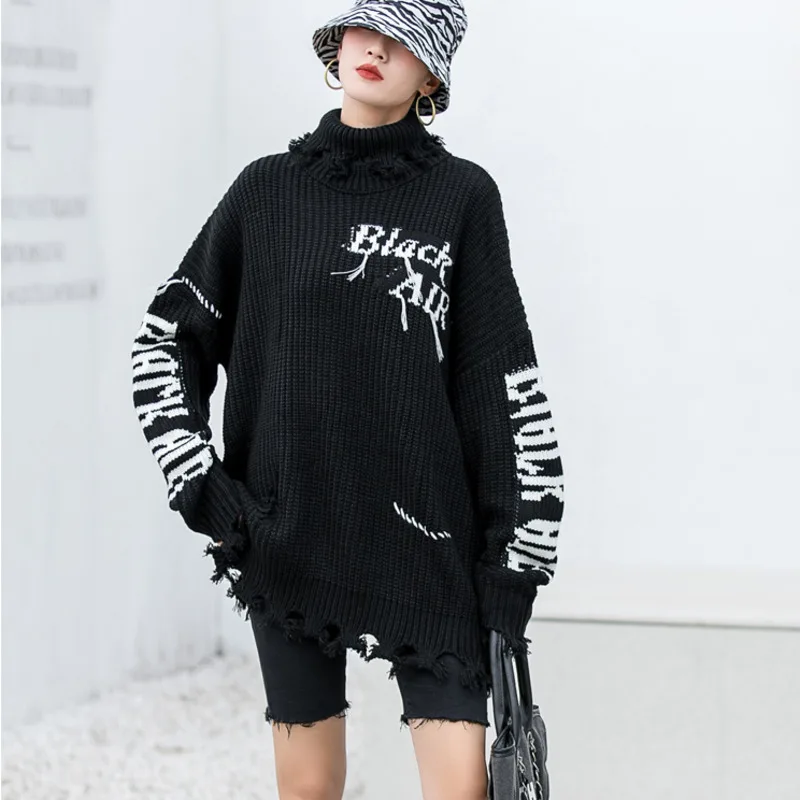 Knitted Turtleneck Plus Velve Sweater 2022 Winter Punk Rock Unisex Vintage Oversize Couple Ripped Pullovers Sweaters Tops