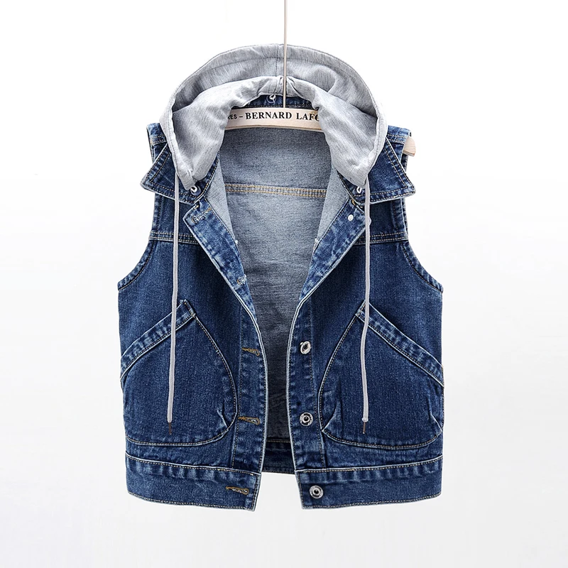 

Sleeveless Women Denim vest Loose Removable Hooded Denim Waistcoat Casual Female Jeans Vest Plus size 5XL Spring Fall Top A74