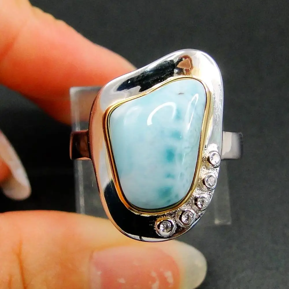 

Hot Selling High Quality 925 Sterling Silver Natural Larimar Ocean Ring Womens Engagement Wedding Ring For Gift