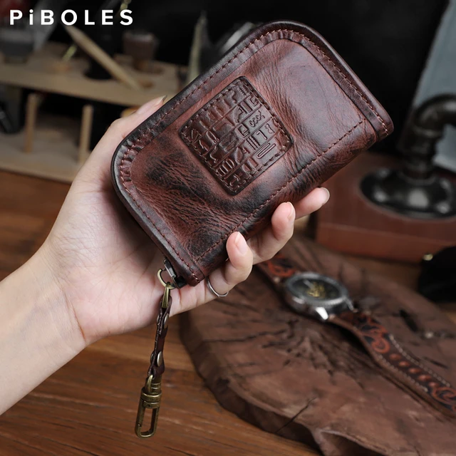 Przenośny portfel na klucze Handmade prawdziwej skóry inteligentny klucz Slot Housekeep brelok karty karty portfele dla mężczyzn zamek monety kiesy