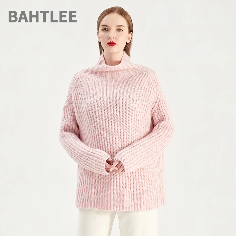 

BAHTLEE-Women's Coarse Yam Knitted Pullovers, Alpaca Sweater, Turtlenneck, Long Sleeves, Thick, Loose, Keep Warm, Winter, Autumn