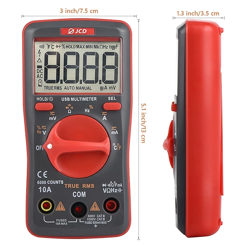 JCD UM16 Digital Multimeter Volt Meter Auto Ranging TRMS 6000 Counts Measures Temperature Voltage Tester with Backlight Portable