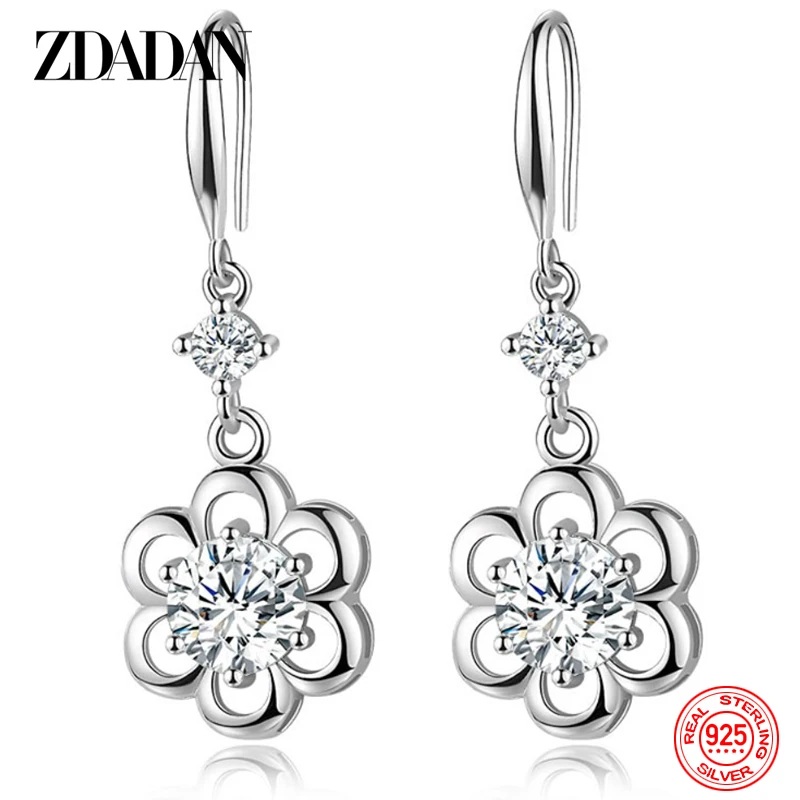 ZDADAN 925 Sterling Silver Zircon Petal Dangle Earrings For Women Fashion Jewelry Party Accessories