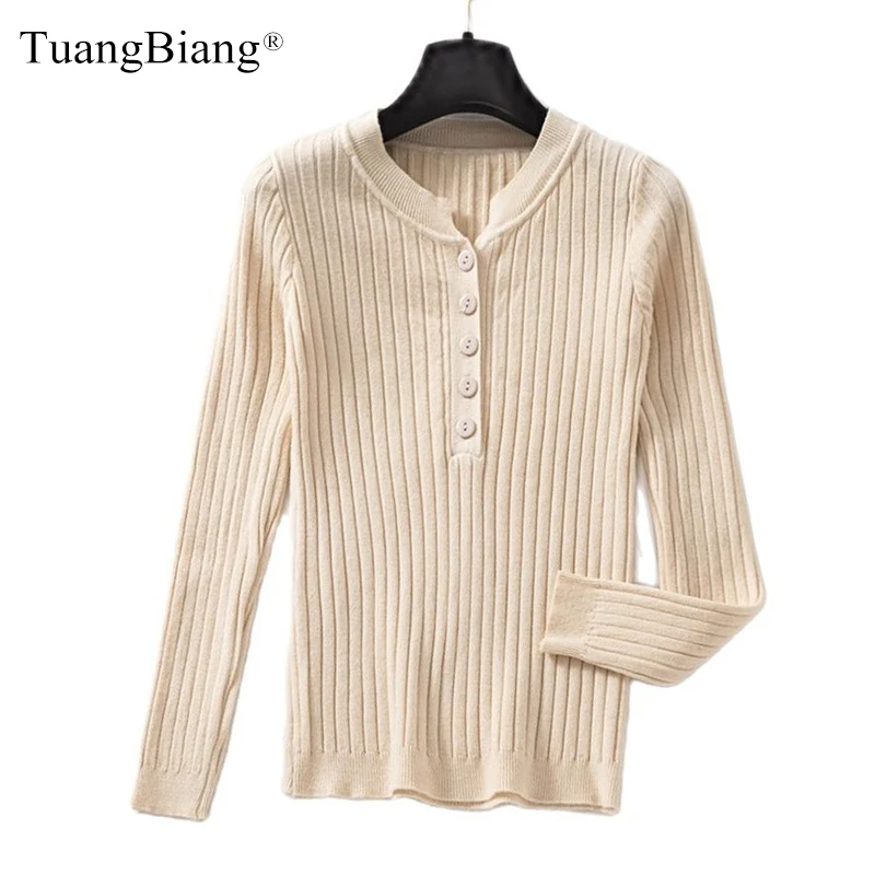 

Ladies Long Sleeve Knitted Autumn Button Sweaters Basic Women Elastic O-Neck Single-Breasted Pullover 2021 Cotton Winter Jumpers