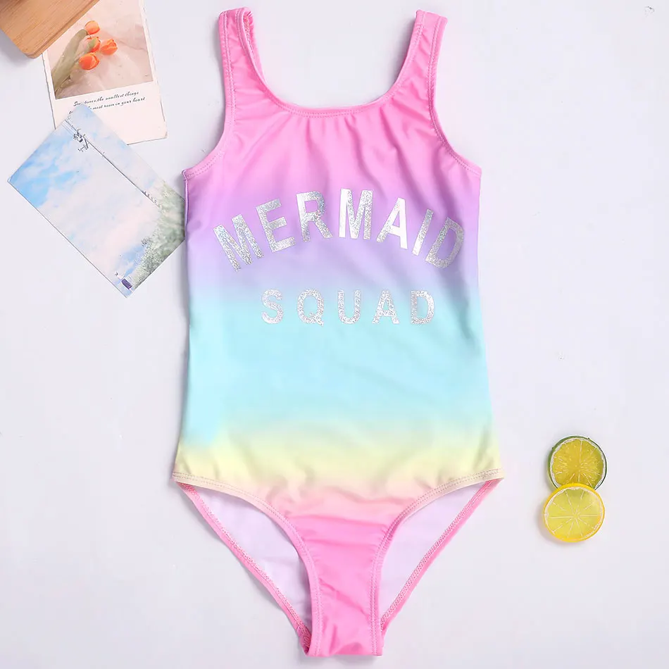 Mermaid Squad Letter Girls One Piece Swimsuit Kids Ombre Children's Swimwear 7-16 Years Bathing Suits Monokini Summer Beachwear