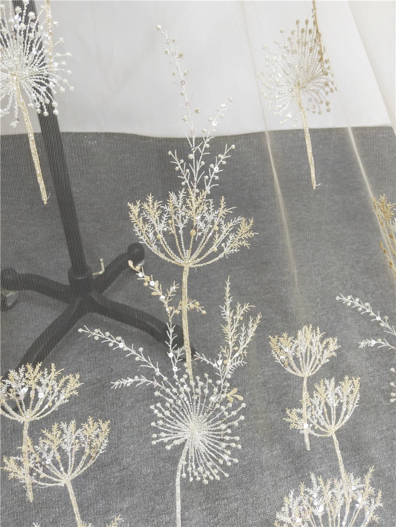 1 Yard Luxury Gold bead dandelion sequin tulle embroidery lace fabric haute couture fabric lace DIY craft wedding 135cm wide