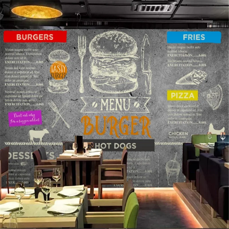 

Custom Burgers Restaurant Background Wall Mural Wallpaper Western Fast Food Hot Dog 3D Snack Bar Hamburger pizza Wall Paper 3D