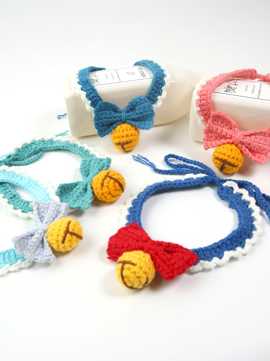 Decorative Crochet Collar for Pet, Hand-knitted Dog Bell, Cat Wool Scarf, Teddy British Short Bow