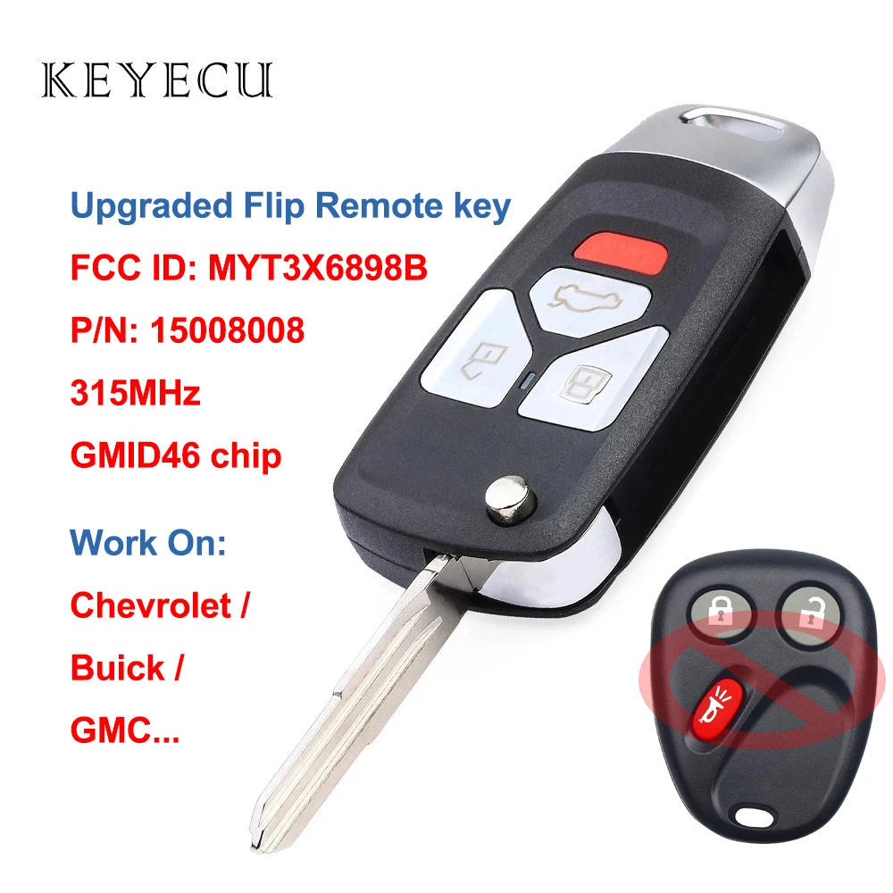 

Keyecu Upgraded Flip Remote Car Key Fob for Buick Chevrolet GMC 315MHz ID46 Chip FCC ID: MYT3X6898B, P/N: 15008008