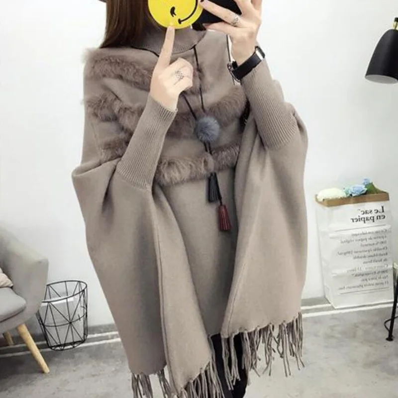 

Autumn Winter Loose Bat Sleeve Knitted Sweater Fashion Turtleneck Cloak Shawl Tassel Sweater Coats Patchwork Fur Women Sweater