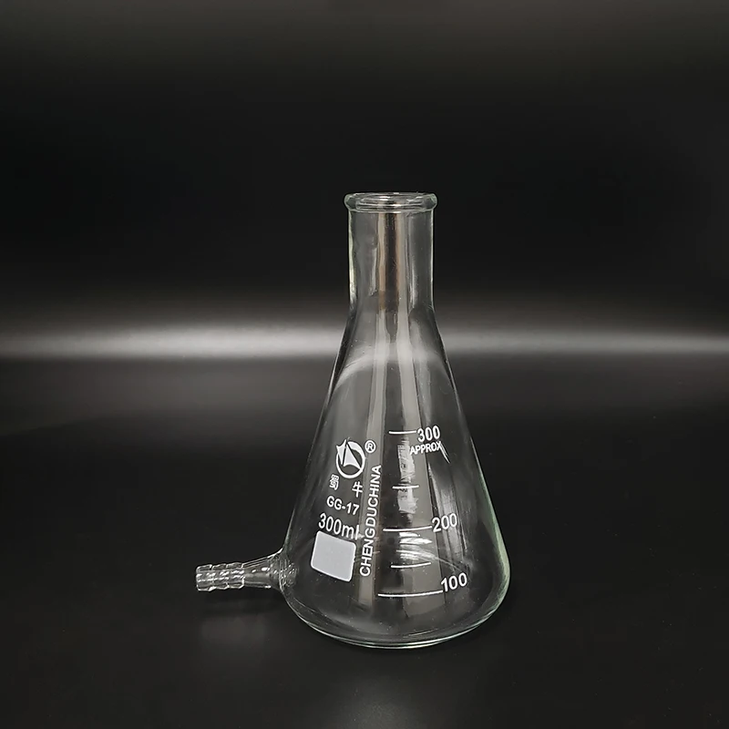 Filtering flask with Lower tube,Capacity 300ml,Triangle flask with tubules,Lower tube conical flask,With tick marks