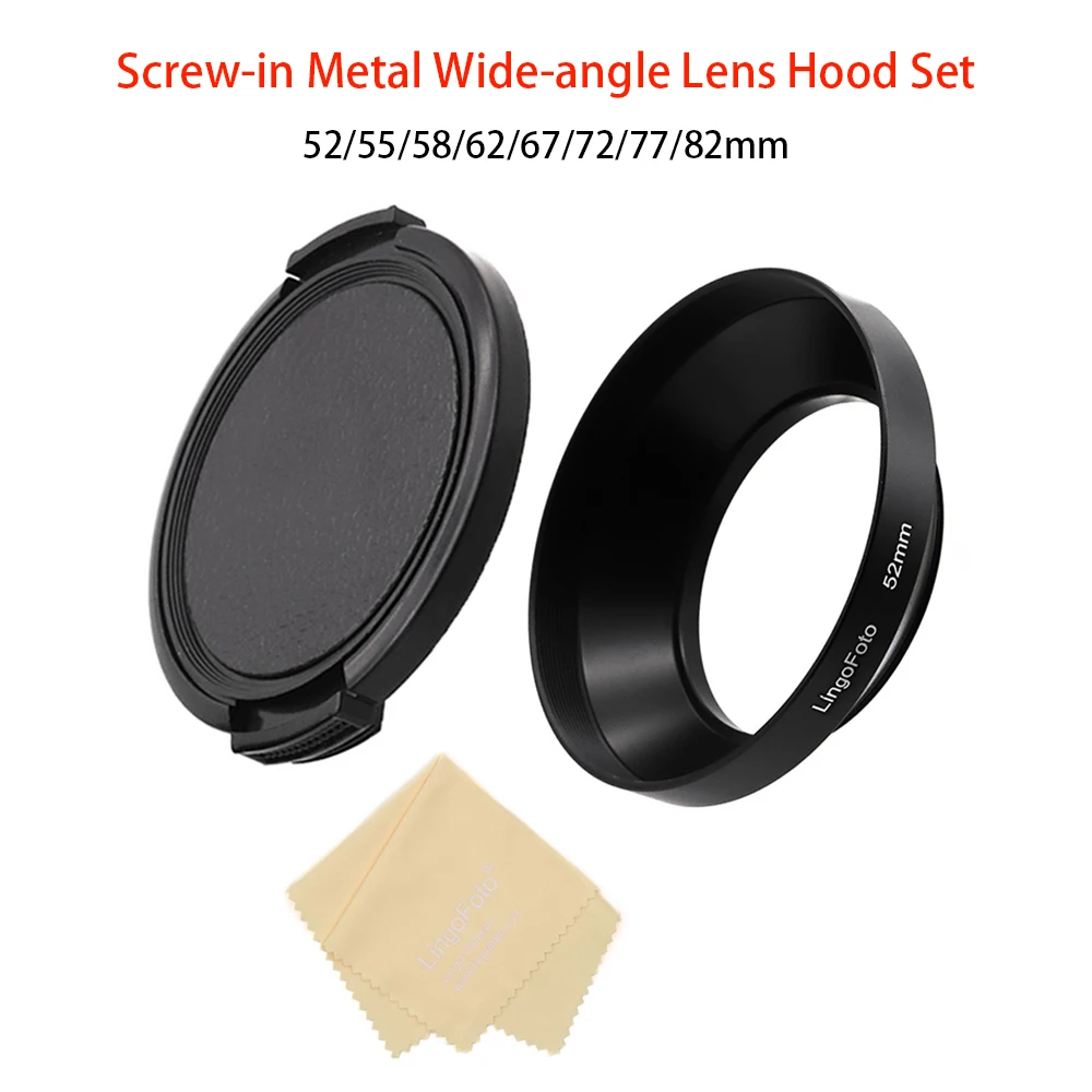 52/55/58/62/67/72/77/82mm Screw-in Metal Wide-angle Lens Hood Set, Lens Hood+Side-Pinched Lens Cap+Cleaning Cloth