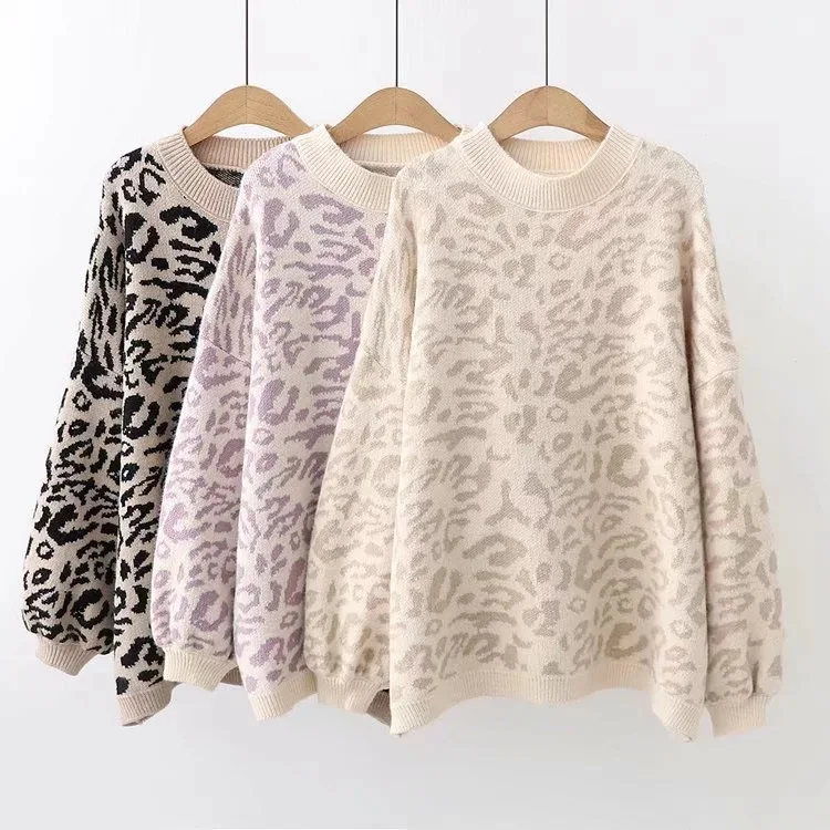 2024 New Women\'s sweater Autumn And Winter Knitted Loose Leopard Round Neck Pullover Long Lantern Sleeve Sweater