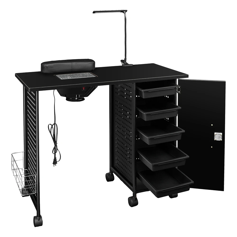 US Warehouse Manicure Table Manicure Nail Table Station Steel Frame Beauty Salon Equipment Drawer with LED Lamp Black