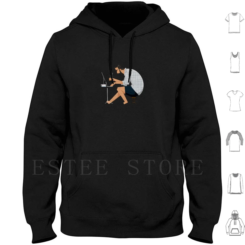 Work From Home Hoodies Long Sleeve Beard Beige Blue Cartoon Chair Character Colour Cute Doodle Flat Grey Guitar