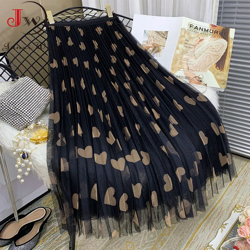 2022 Spring and Summer Mesh Long Women\'s Skirts High Waist Love Printed Elegant A-Line Pleated Skirt Fashion New