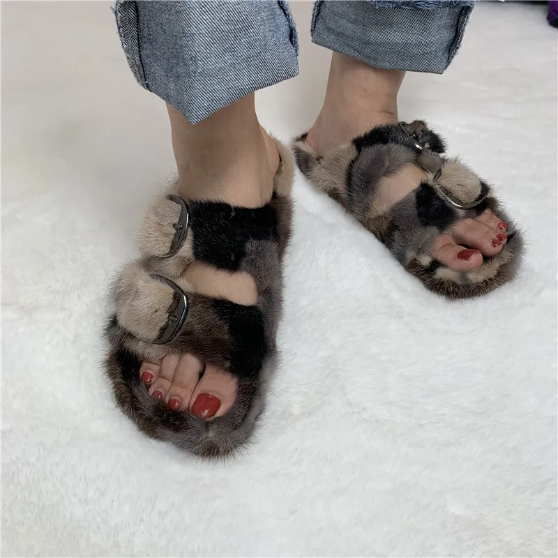 New Ladies Mink Slippers Luxury Fashion Colored  Fur  Slippers Outdoor Travel Women\'s Sandals Designer Slides  Flat Casual Shoes