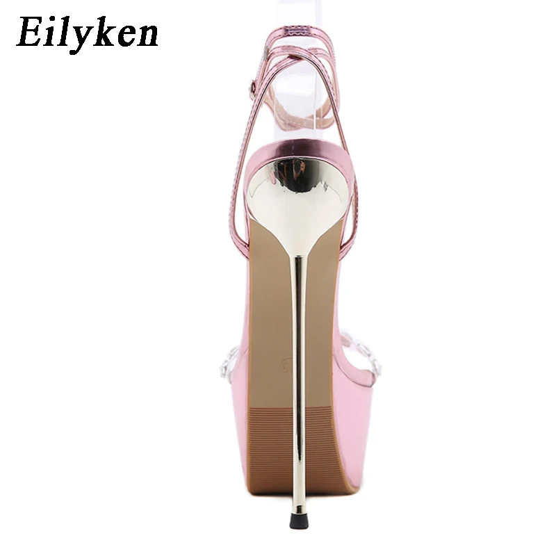 Eilyken Pink Sweet Ankle Buckle Strap Women\'s Sandals PVC Transparent Crystal Platform Summer Fashion High Heels Wedding Shoes