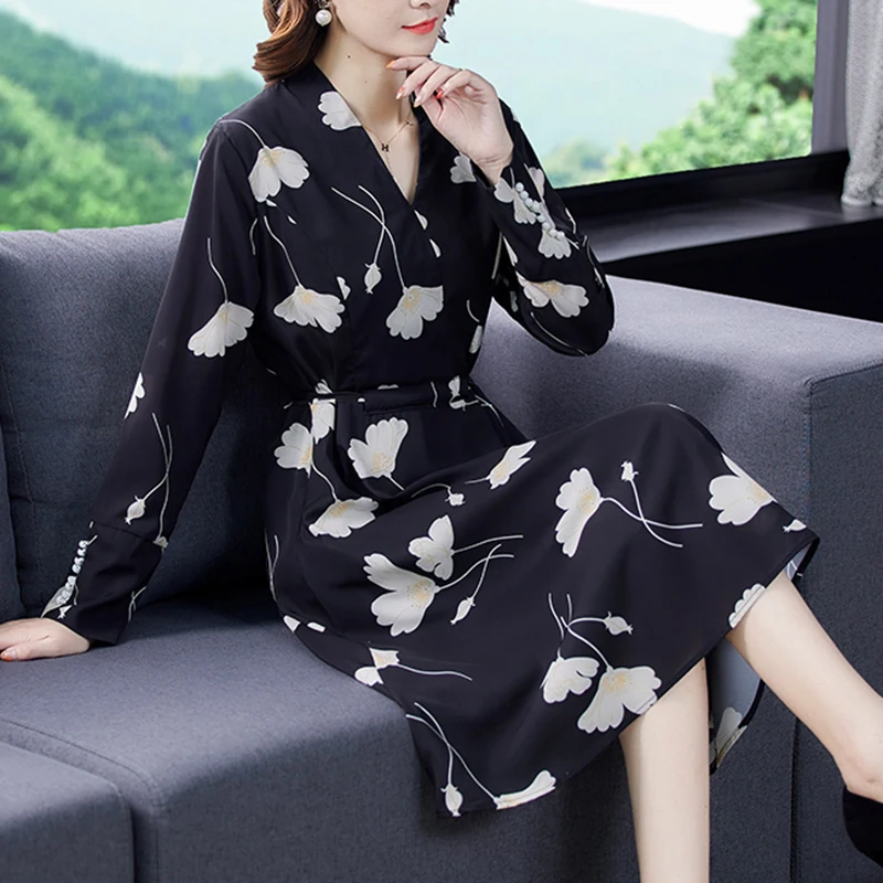 Women Elegant Bodycon Party Vestidos Autumn Casual Black Floral Shirt Midi Dresses 2024 Winter Vintage Dress