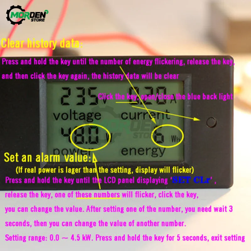 Imagem -06 - Lcd Digital Voltímetro e Amperímetro dc Tensão Atual Medidor de Energia Detector de Shunt em 20a 50a 100a 6.5 v 100v ac 80260v