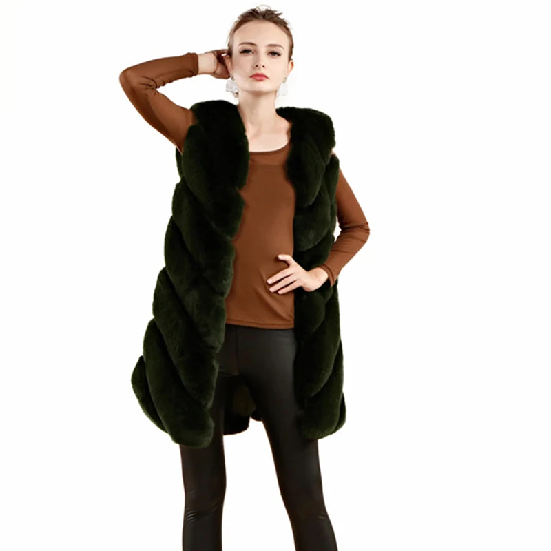 FOLOBE Women Winter Faux Fur Coat Warm Thick Vest Casual Sleeveless Long Coat Dark Green Natural Real Faux Fur Jackets For Woman