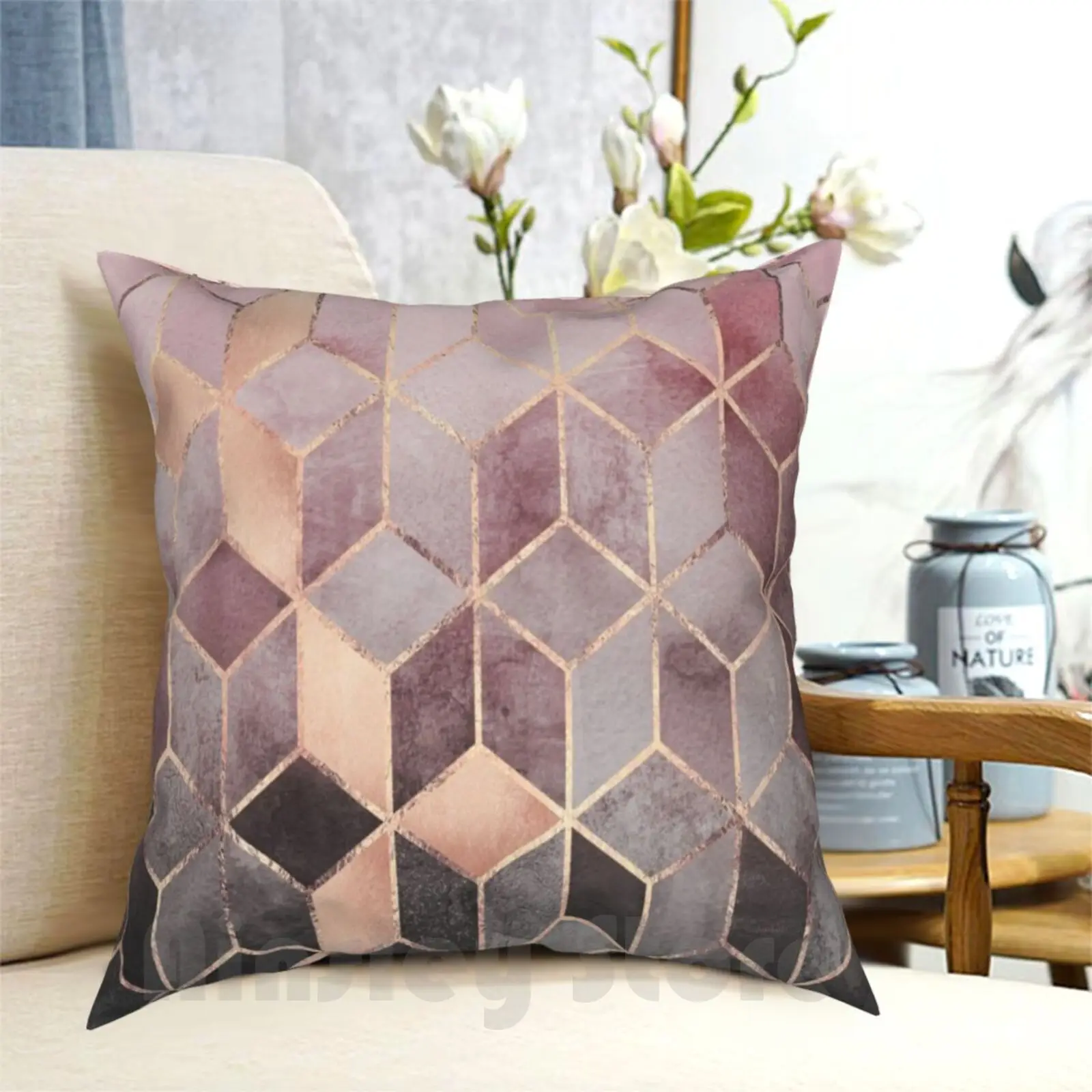 Pink And Grey Gradient Cubes Pillow Case Printed Home Soft Throw Pillow Graphic Pattern Abstract Pink Geometric