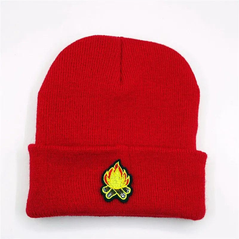 Cotton Fire Embroidery Thicken Knitted Hat Winter Warm Hat Skullies Cap Beanie Hat for Men and Women 29