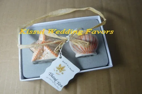 (30Pcs/lot=15boxes) Beach themed Wedding souvenirs of Seashell and starfish salt and pepper shakers Bridal shower Party Favors