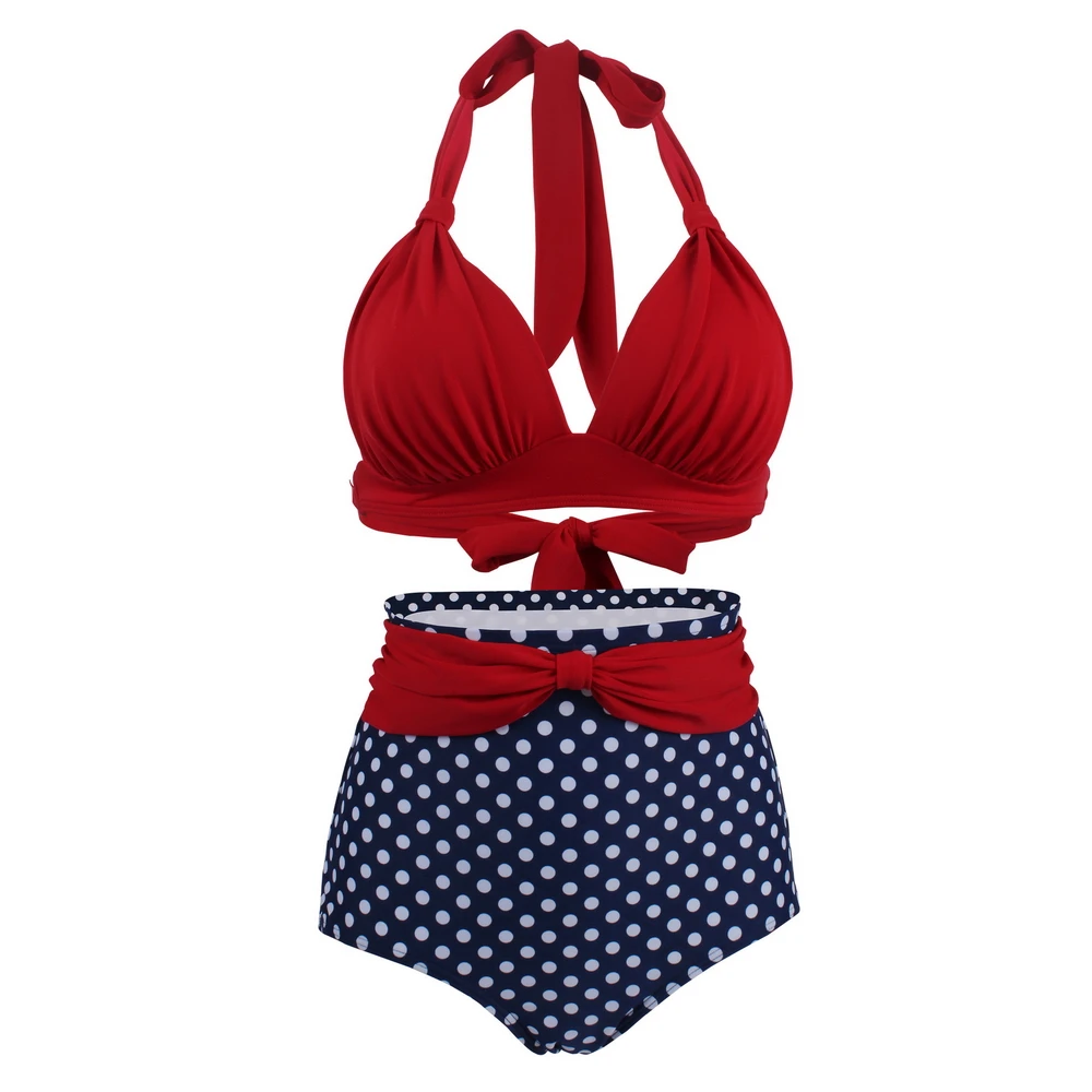 Pleated Bikini Red Top Navy Blue With White Dots Bottom Women Classic High Waist Halter Bikini Sets Plus Size Two-piece Swimwear