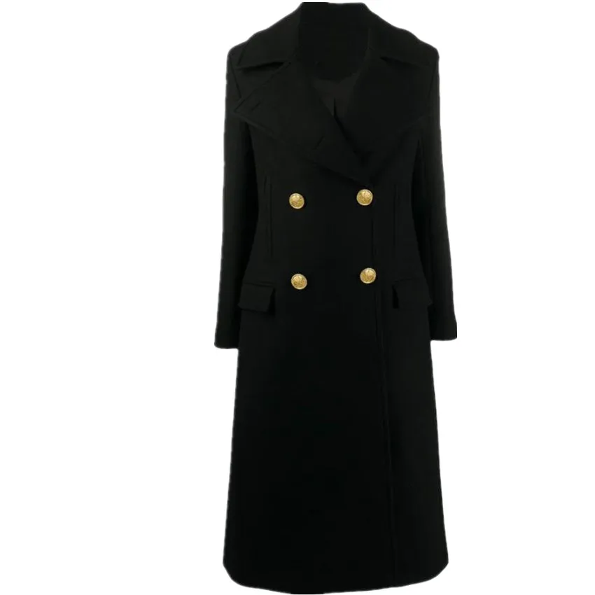 

Winter Black Long Wool Coat Double Breasted Vintage Long Woolen Overcoat Straight Outwear with Pocket