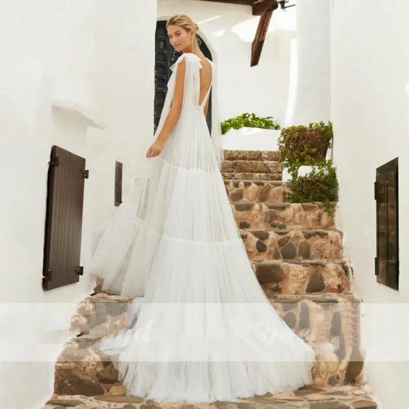 Abito da sposa Boho in pizzo di Tulle 2024 lungo a-line Sexy scollo a v vestidos de novia perle posteriori profonde robe de mariee