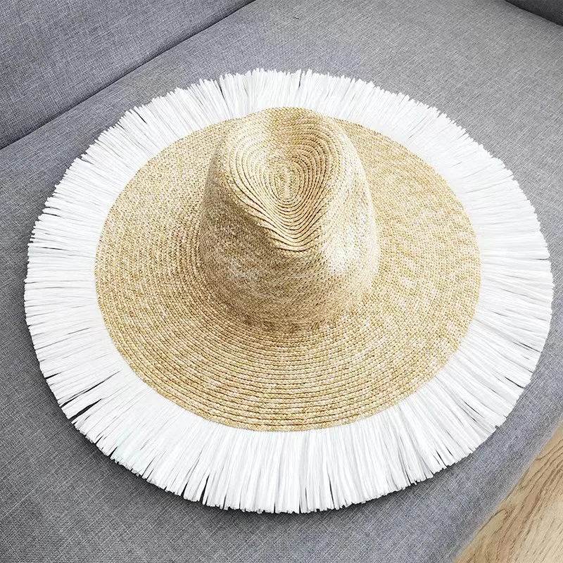 

New Summer Vintage Fringed Straw Hat 10cm Wide Brim Jazz Hat Beach Panama Sun Hat Women Holiday Bonnet Enfant Derby Cap Fadora