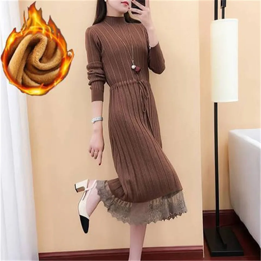 

Belt Winter Pollover Thick Woman New Pleated Sweater Dress Women Knitted Warm Casual Solid Jumper Dresses Korean Autumn 2021