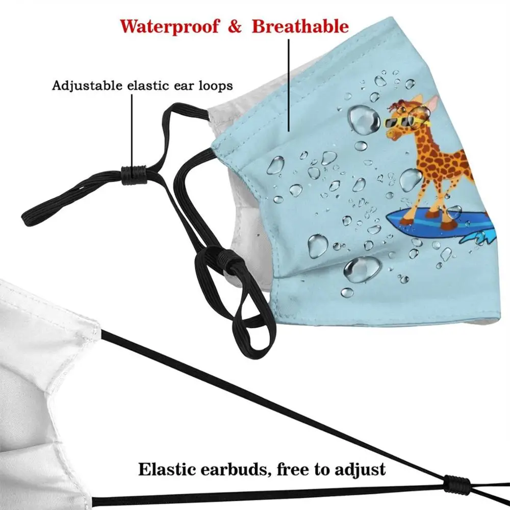 Surfer Giraffe Masker Doek Wasbare Diy Filter Pm2.5 Volwassen Kids Surfen Giraffe Silly Zonnebril Water Oceaan Lake Surfplank