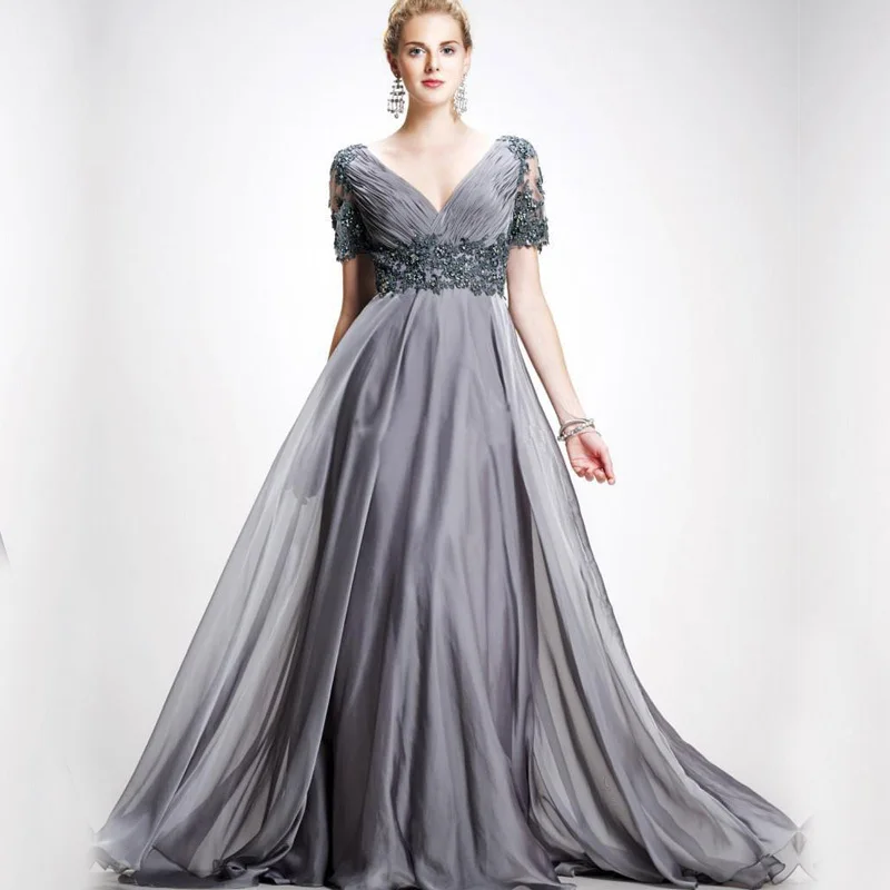 

2025 Charming Chiffon gray chiffon appliques long mother dresses Short Sleeves silver gown Custom Made Mother Of The Groom Dress