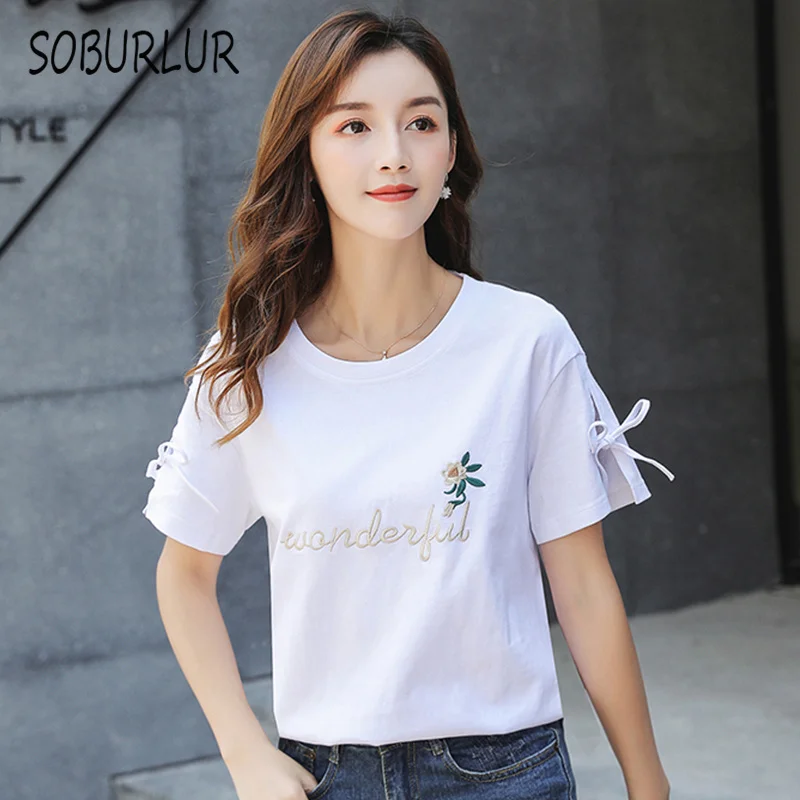 SOBURLUR 2021 Summer New Basic Shirt Women Tops O-neck Tees  Woman T-shirt Women's T-shirt Solid color  Short sleeve Crop Top