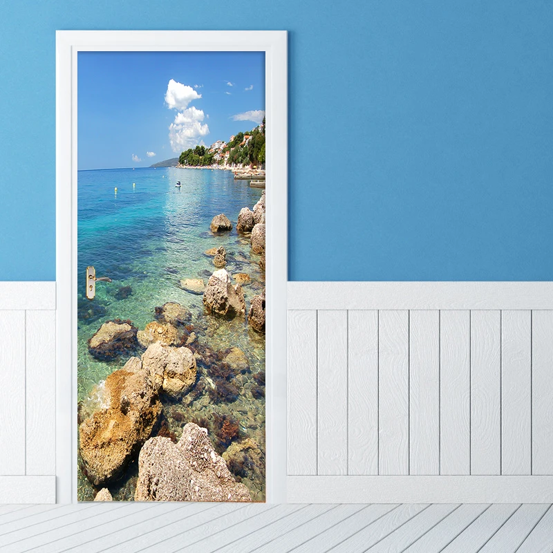 

2 Pcs/Set Seaside Stone Blue Sky Scenery Stickers Door Sticker DIY Wall Mural For Room Home Decor Poster PVC Waterproof Decals