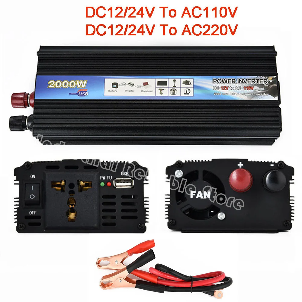 2000W Peak Car Vehicle Power Inverter DC 12V/24V to AC 110V 220V Converter USB US Socket Univerial Socket Perfect for TV, DVD