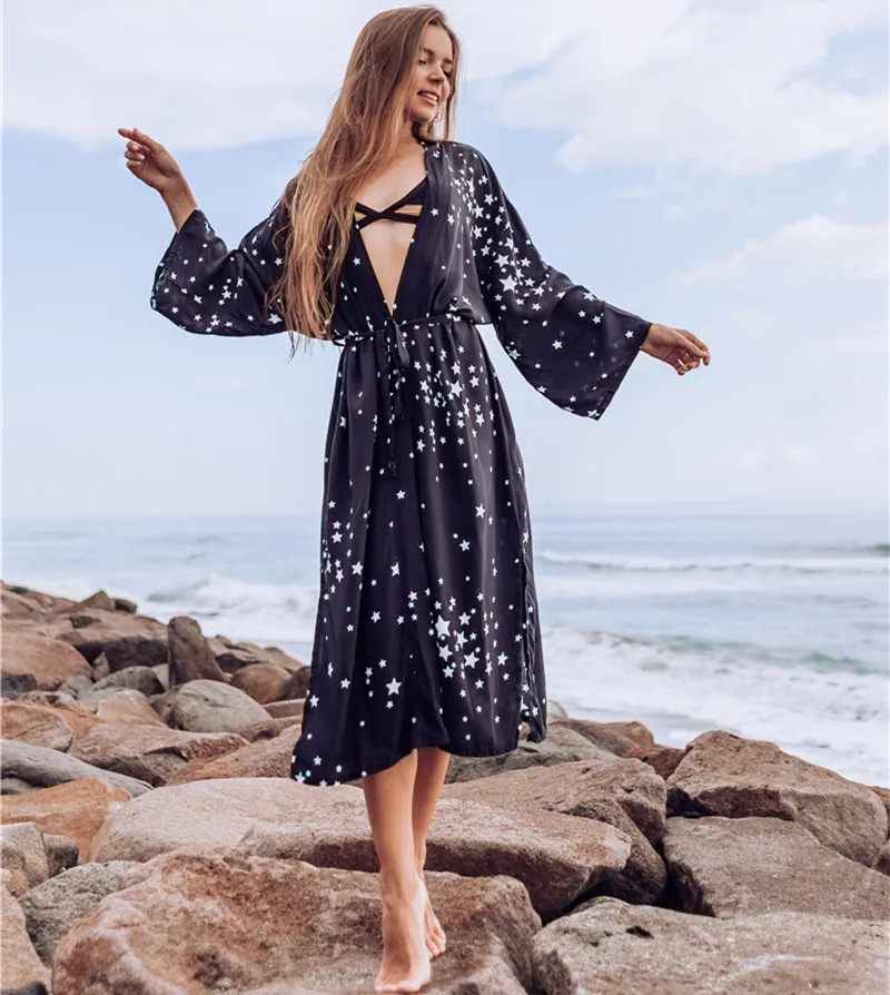 

Stars Printing Bikini Cover-ups Black Summer Deep V Neck Beach Dress Long Tunic Women Beach Wear Swim Suit Cover Up Kimono