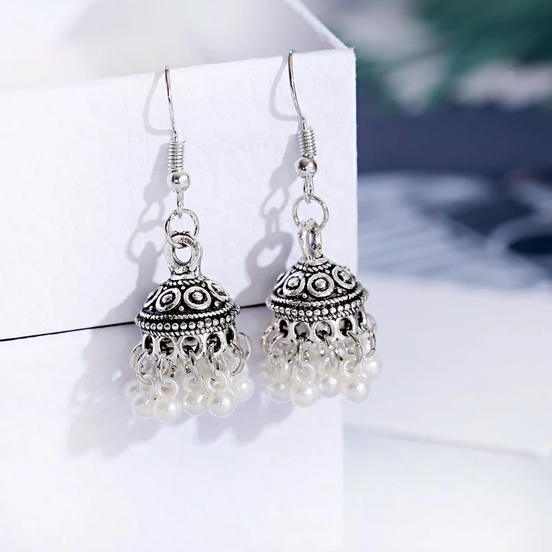 Vintage Silver Color Bells Pearl Tassel Earrings For Women Ethnic Gypsy Carved Small Jhumka Earrings Jewelry