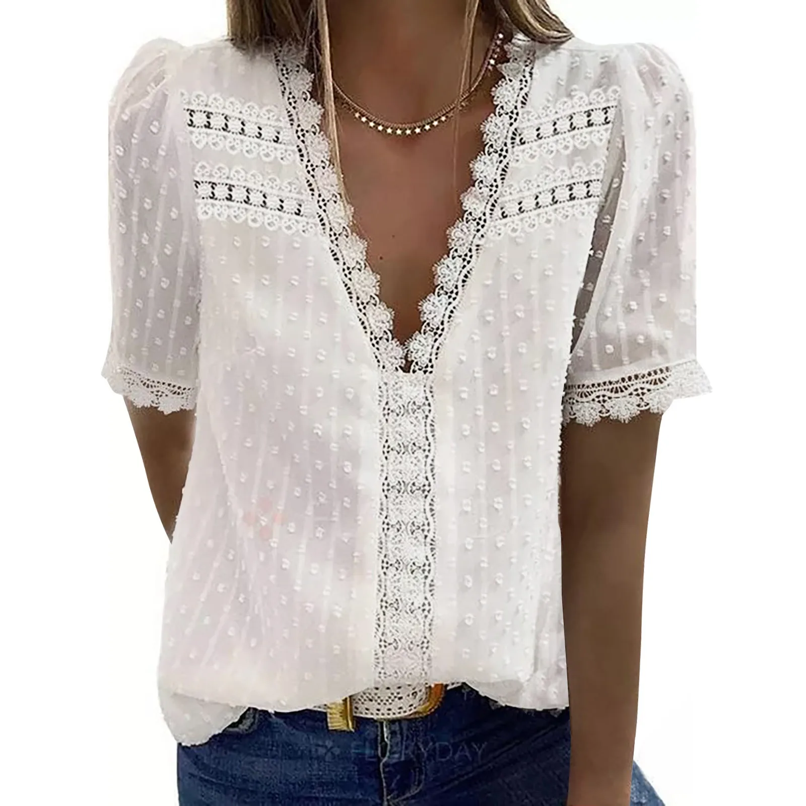 Fashion Lace Patchwork Blouses For Women Summer Short Sleeve Casual Shirt V Neck Solid Color Hollow Out Sexy Top Blusas Mujer 4