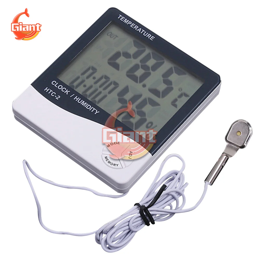 New LCD Electronic Digital Temperature Humidity Meter Thermometer Hygrometer Indoor Outdoor Weather Station Clock HTC-2