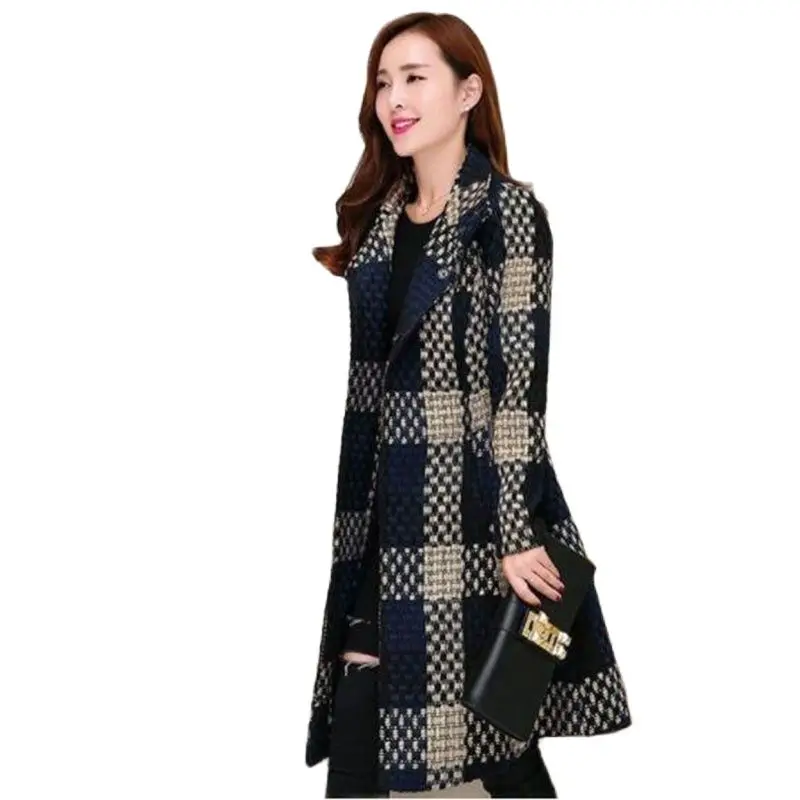 

Fashion Thicken LatticeWoolen Cloth Ladies Jacket Autumn Winter New Mid-Length Slim All-match Keep Warm Female Woolen Coat