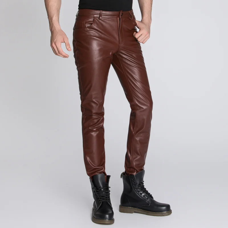 

Fashion Genuine Leather Men's Pants Real Leather Sheepskin Motorcycle Vintage Pants Black Brown Pencil Trousers Size 4XL