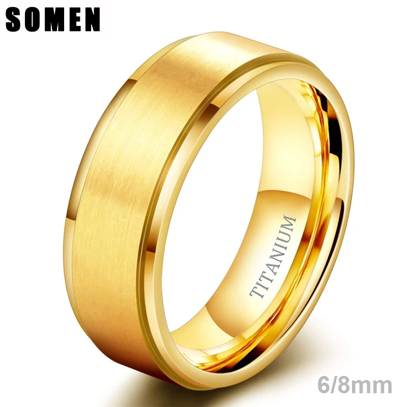 Somen 6mm 8mm Gold Color Pure Titanium Rings For Women Men Brushed Wedding Band Matte Comfort Fit Ring For Couple Size 6-13