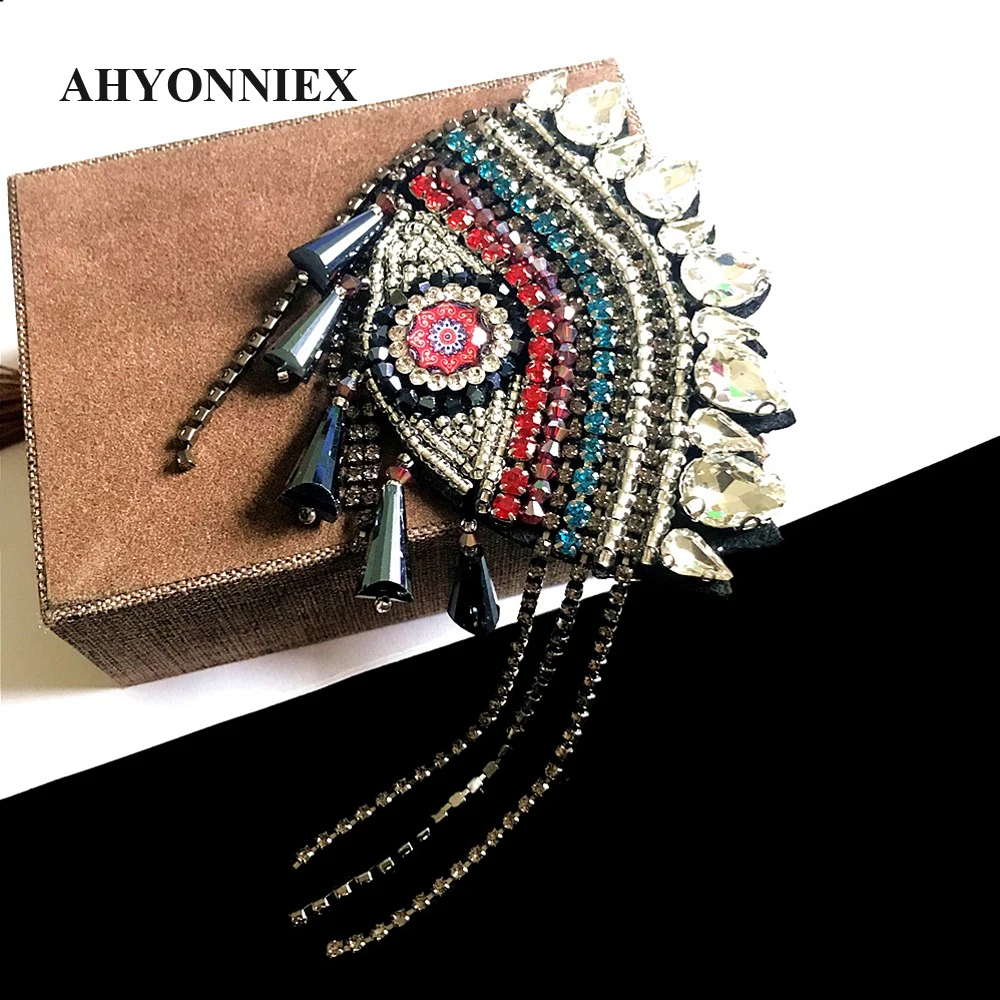 Fashion Sew On Beads Eyes Patches Beaded Drama Tassel Applique Patches Shoulder Brooch Epaulet