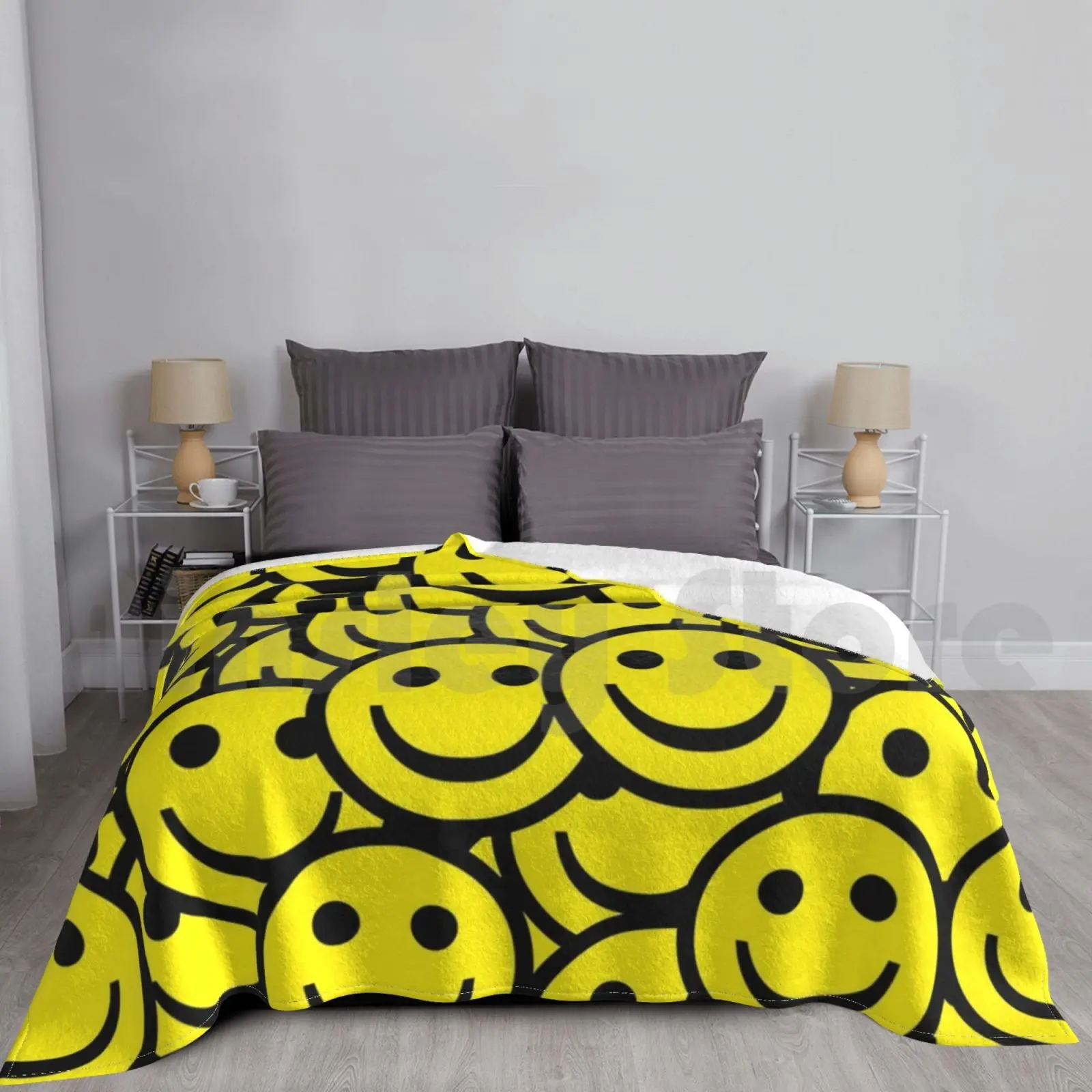 Smile! Blanket Super Soft Warm Light Thin Smile Laugh Cute Kitsch Kawaii Niche Unique Yellow Eye Mouth Circle Ikdg