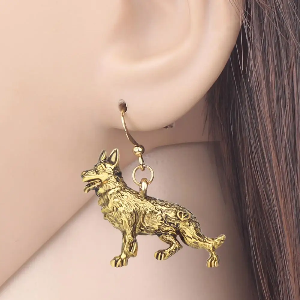 Bonsny Plated Alloy Antique Gold Germany Shepherd Dog Earrings Cute Metal Animal Drop Dangle Jewelry For Young Party Charm Gift