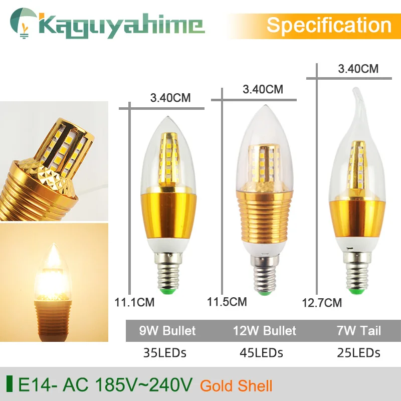 =(K)= 10Pcs/lot LED Candle Light E14 Bulb Colorful Lamp 220V 7W 9W 12W Golden Silver Lamp For Crystal Chandelier Lampara Ampoule