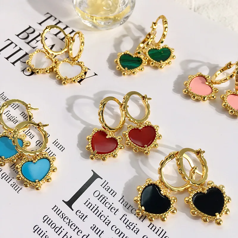 Classic Style Black White Red Blue Green Pink Original Shell Heart Pendant Earrings Gold Buckle Drop Earring for Women